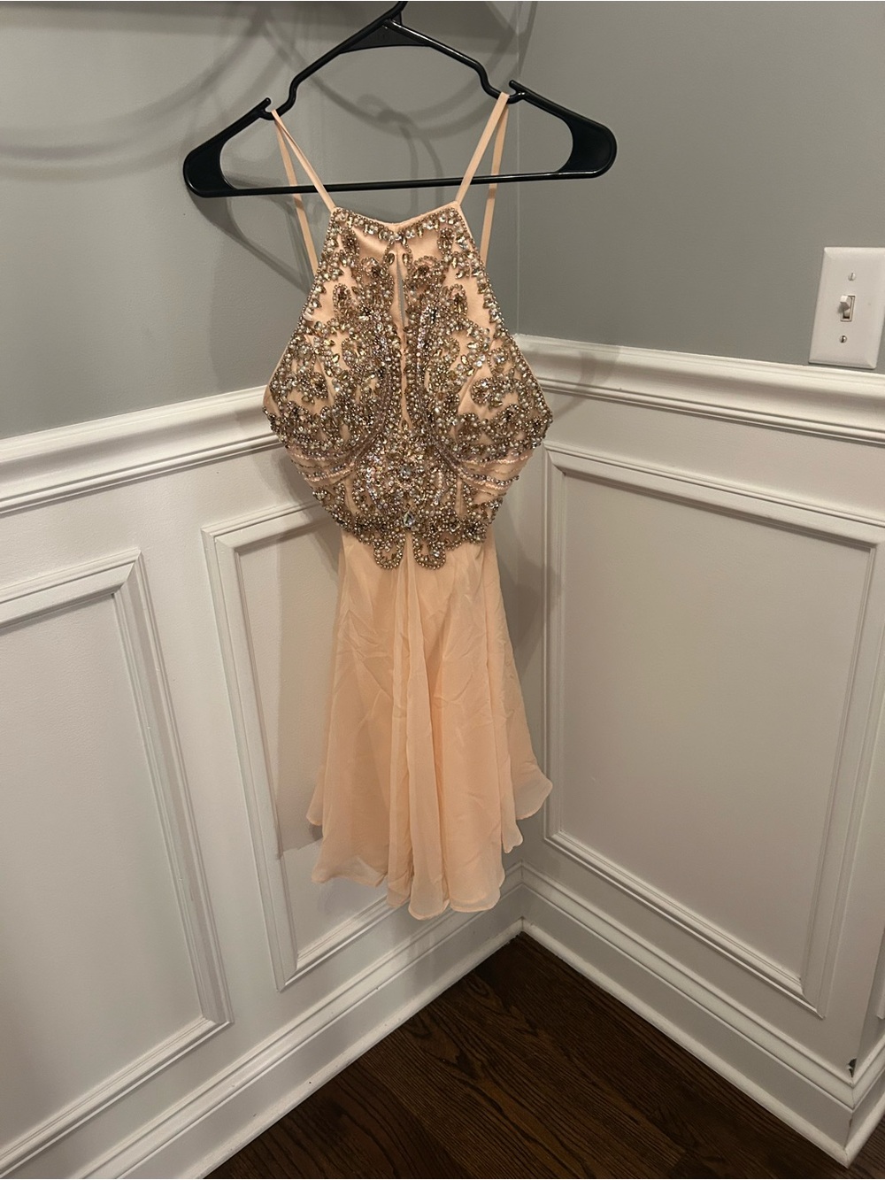 Jovani Peach Beaded Halter Chiffon Cocktail Dress